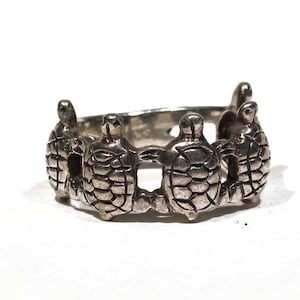 Vintage Wrap Around 5 Hugging Sea Turtles Tortoise Shell Sterling Ring
