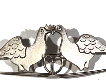 Vintage Loving Kissing Dove Hearts Valentines Day Mexico Sterling Lovebirds Large Long Animal Jewelry Brooch Pin
