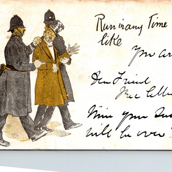 Vintage Illustrated Artist Man Being Arrested By Police Going To Jail Postcard