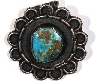 Vintage Navajo Old Sandcasted Silver Blue Royston Turquoise Shadow Box Solar Sun Pendant
