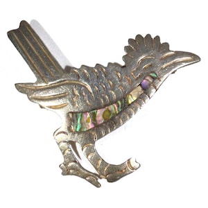 Vintage Mexico Sterling Opal Inlaid Silver Road Runner Brooch Pin