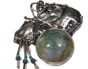 Unusual Vintage Abstract Modernist Brutalist Turquoise and Strange Round Green Stone Dangle Brooch Pin