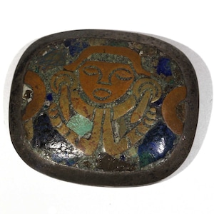 Vintage Los Ballesteros Crushed Stone Bi Metal Brass And Sterling Ethnic Mayan God Mexico Sterling Silver Domed Rectangle Brooch Pin