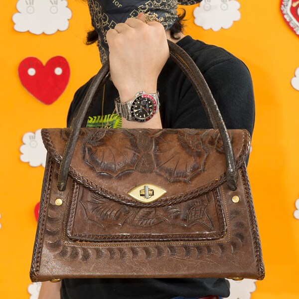 Vintage Heavily Tooled Leather Handbag, Southwestern Rockabilly Bag main image 0