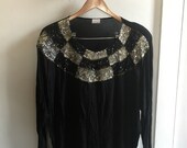 Vintage 1970s 1980s Disco Club Night Dancing Long Black Skirt with Abstract Art Deco Style Black and Silver Sequin Skirt and Shirt Top Large