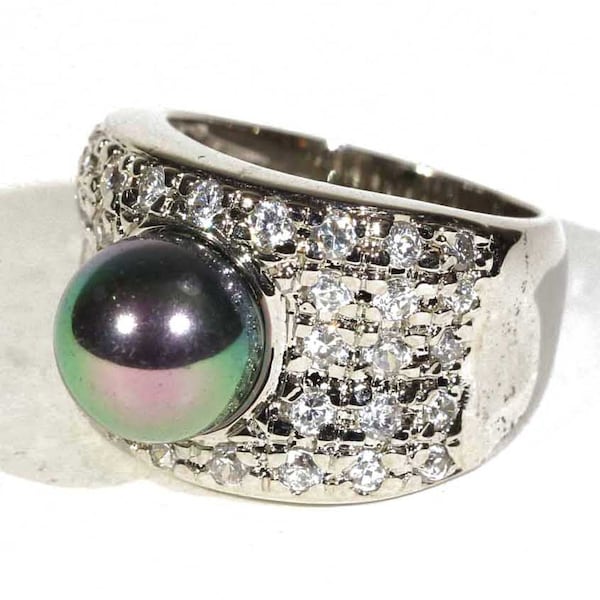 Vintage Modernist Abstract Sterling Black Pearl Style Oil Spill Hologram Ice Breaker Silver Ring