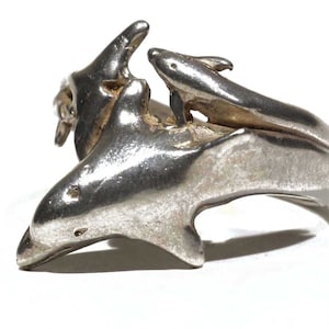 Vintage Twin Double Dolphin Flipper Tail Swimming Nautical Maritime Ocean Porpoise Mammal Sonar Echolocation Sterling Silver Ring - pop