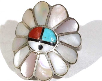 Vintage  Zuni Sterling Silver Sunface Moonface Flower Coral Turquoise Mother Of Pearl Onyx Ring