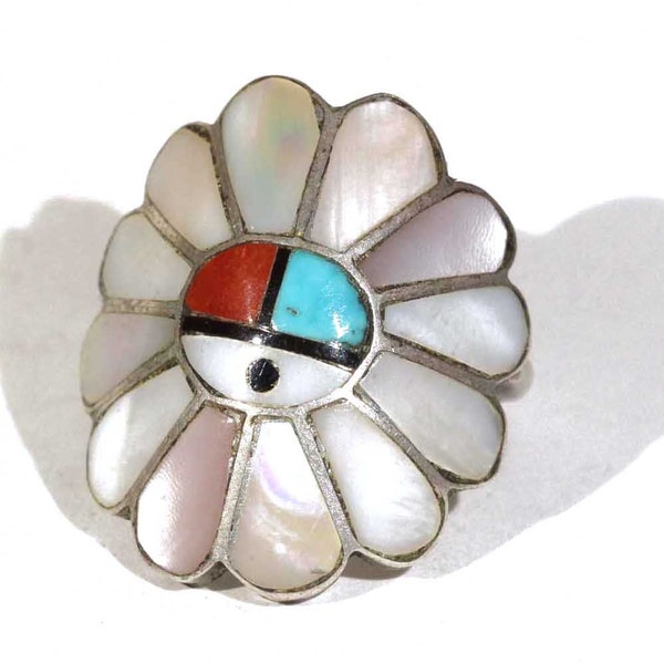Vintage  Zuni Sterling Silver Sunface Moonface Flower Coral Turquoise Mother Of Pearl Onyx Ring