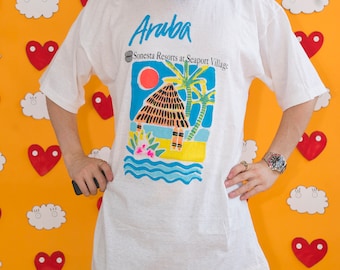 Vintage Classic 80s Sonesta Resorts at Seaport Village Aruba Caribbean Sign World Traveler Tee Shirt