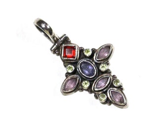 Vintage Sterling Silver Gemstone Cross Pendant: Garnet, Amethyst, Moonstone