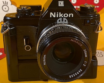 Vintage Nikon EM 35mm SLR Single Lens Reflex All Black Film Camera With 50mm f/2 Ai Manual Prime Lens + Nikon EM Md-e Power Winder