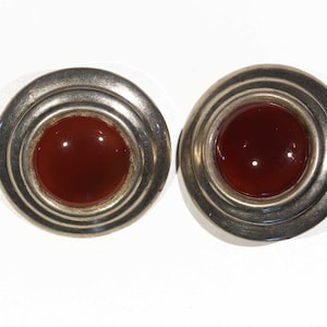 Vintage Big Large Circle Carnelian Red Pyramidal Flying Saucer I Want To Believe UFO Sterling Silver Holloware Round Earrings