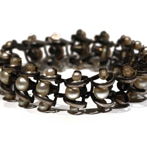 Vintage English Sterling Silver Pearl Modernist Triple Pearl Link Bracelet