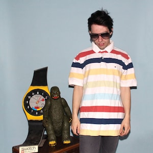 Early 2000s Y2K Tommy Hilfiger Multi Color Red Navy Yellow Blue White Striped Collared Polo Shirt