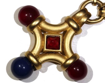 Vintage Essences 1980s Unusual Retro Red Blue Goldtone Chain Link Necklace And Pendant