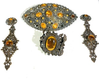 Antique Art Nouveau Orange Rhinestone Metal Pin Ring And Earrings Jewelry Set