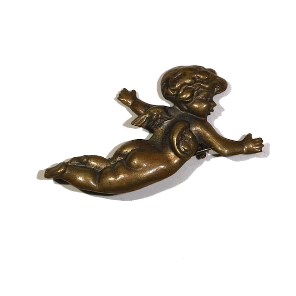 Vintage Brass Putti Flying Angel Cupid Love Patina Baby Pin