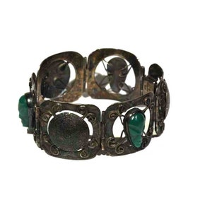 Vintage Mexico Mayan Calendar Green Onyx Filigree Square Link Mechanical Moveable Signed FVM Mexico Sterling Silver Bracelet