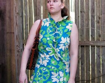 Original 1960s 1970s blue green white dress style romper floral watermelon slice ruffled button up summer beach ware authentic vintage