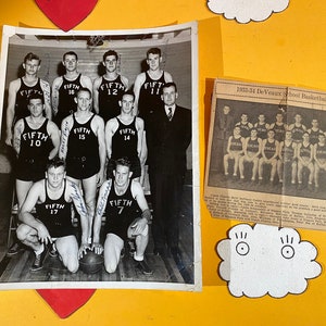 May include: Black and white photo of a basketball team from DeVeaux School. The team is wearing jerseys with the word "FIFTH" and numbers on them. The photo is from the 1933-34 season. The caption reads "1933-34 DeVeaux School Basketball Team".
