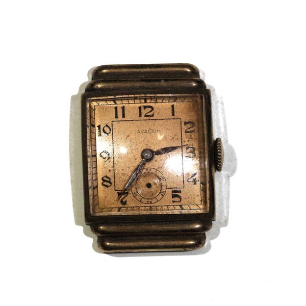 Vintage Avalon Watch Co Rose Gold Swiss Dial Square Tank Art Deco Step Up Senator Style Wristwatch - 10k Rolled Gold Case