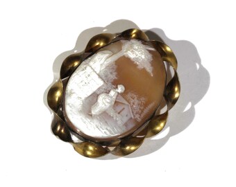 Victorian Gold Filled Or Silver Large Detailed Carved Shell Cameo Woman in Forest Near House Aristocrat SIGNED CAMEO