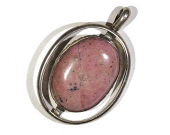 Vintage Mid Century Modernist Pink Jasper Oval Orbital Atomic Planetary Silver Minimalist Pendant