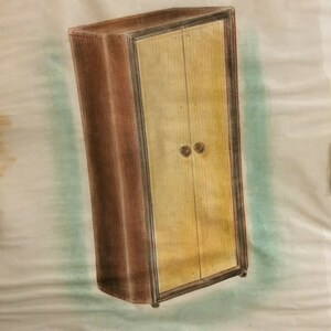 May include: A hand-painted illustration of a tall, wooden cabinet with two doors. The cabinet is painted in shades of brown and yellow, with a dark brown frame around the doors. The doors have two small, round knobs.