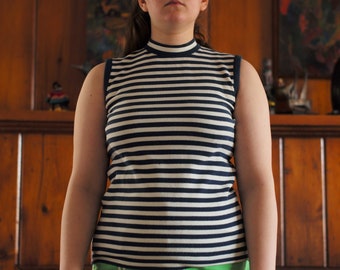 Vintage Koret of California 1940s 1950s blue white striped zip back sea dweller Cali girl beach wear soft tank top shirt nautical sailor