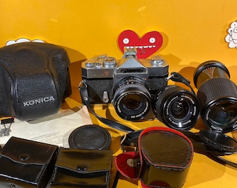 Vintage KONICA Autoreflex T 35mm film camera + Konica hexagon AR 50mm 1.7 + Vivitar 28mm f/2 auto wide angle lens + Adorama mc 70-210mm lens