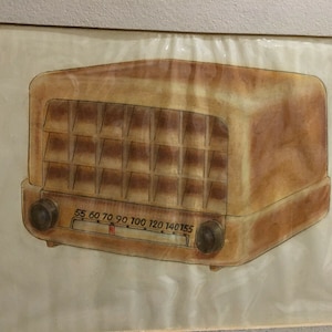 May include: A vintage-style, brown radio with a grid-like speaker and a dial with numbers from 55 to 155. The radio is drawn in a watercolor style.