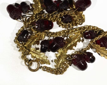 Antique Cherry Red Bakelite Style 14 Acorns and Brass or Gold Filled Botanical Leaf Charm Necklace