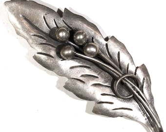 Large Vintage Damaso Gallegos Sterling Mexico Silver 3D Leaf Brooch Pin