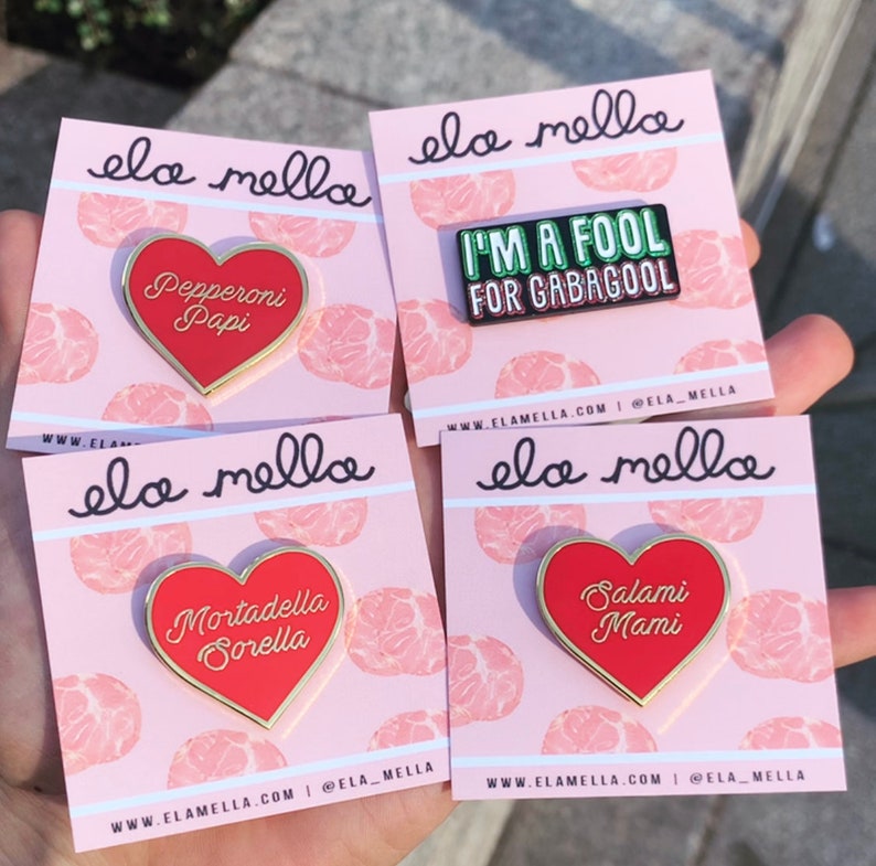 4 Pin Bundle Funny Italian Enamel Pins Pepperoni Papi, Salami Mami, I'm a fool for gabagool, Mortadella Sorella image 1