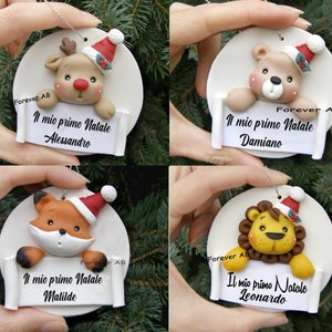 My first Christmas Personalized Christmas tree decorations, Lion, Fox, Reindeer, Bear Christmas balls with name, hanging decoration,