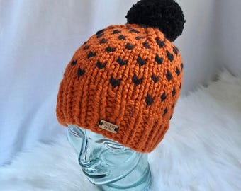 Fair Isle Knit Beanie || Pom-Pom Hat || Chunky Women's Hat || in PUMPKIN & BLACK