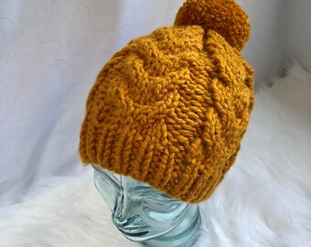 Chunky Cabled Beanie || Cable Knit Hat || Women's Pom Pom Hat || in BUTTERSCOTCH