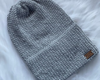 Double Brim Hat, Knit Slouchy Beanie || Adult, Unisex || in FEATHERED GRAY