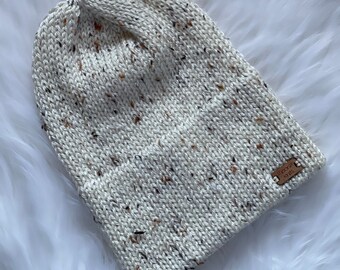 Double Brim Hat, Knit Slouchy Beanie || Adult, Unisex || in CREAM TWEED