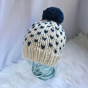 Fair Isle Knit Beanie || Pom-Pom Hat || Chunky Women&#39;s Hat || in FISHERMAN & DENIM