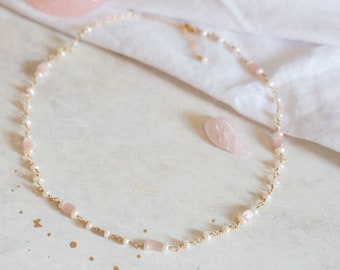 Fresh Water Pearl and Antique 1930’s Art Deco Frosted Satin Pink Glass 14k Gold Filled Wire Wrapped Adjustable Necklace