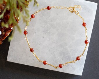 Petite Carnelian 14k Gold Filled Bar Chain Adjustable Stackable Bracelet