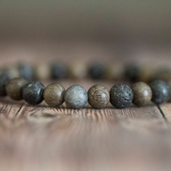 Black Network Agate, Gray Wood and Black Lava Rock Natural Beaded Stretch Mens Bracelet