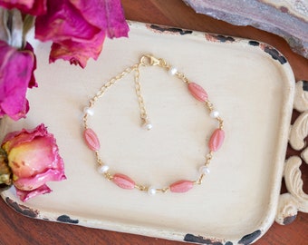 Vintage Pink Rose Glass and Pearl Beaded 14k Gold Filled Linked Adjustable Bracelet