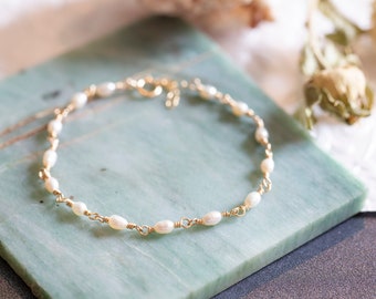 White Rice Pearl 14k Gold Filled Wire Wrapped Dainty Stackable Adjustable Bracelet