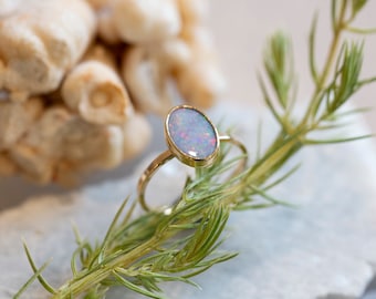 Australian Opal Doublet Oval Solitaire Stackable 14k Yellow Gold Statement Ring