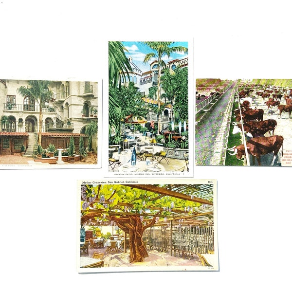 Vintage Set of 4 California Postcards, Mission Inn Riverside, Glenwood Mission Inn, San Gabriel, Imperial Valley