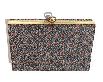 Vintage 60’s Brocade Floral Fabric Hinged Clutch, Makeup Carrying Case, Petite Clip Clutch, Brocade Box Case, Vintage Purse Bag