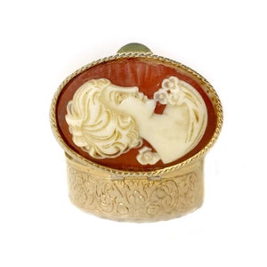 Vintage Victorian Cameo Pill Box: Gold Tone Oval Trinket Box